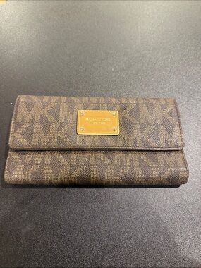Michael Kors Brown Logo Continental Wallet with Gold Plaque Accent